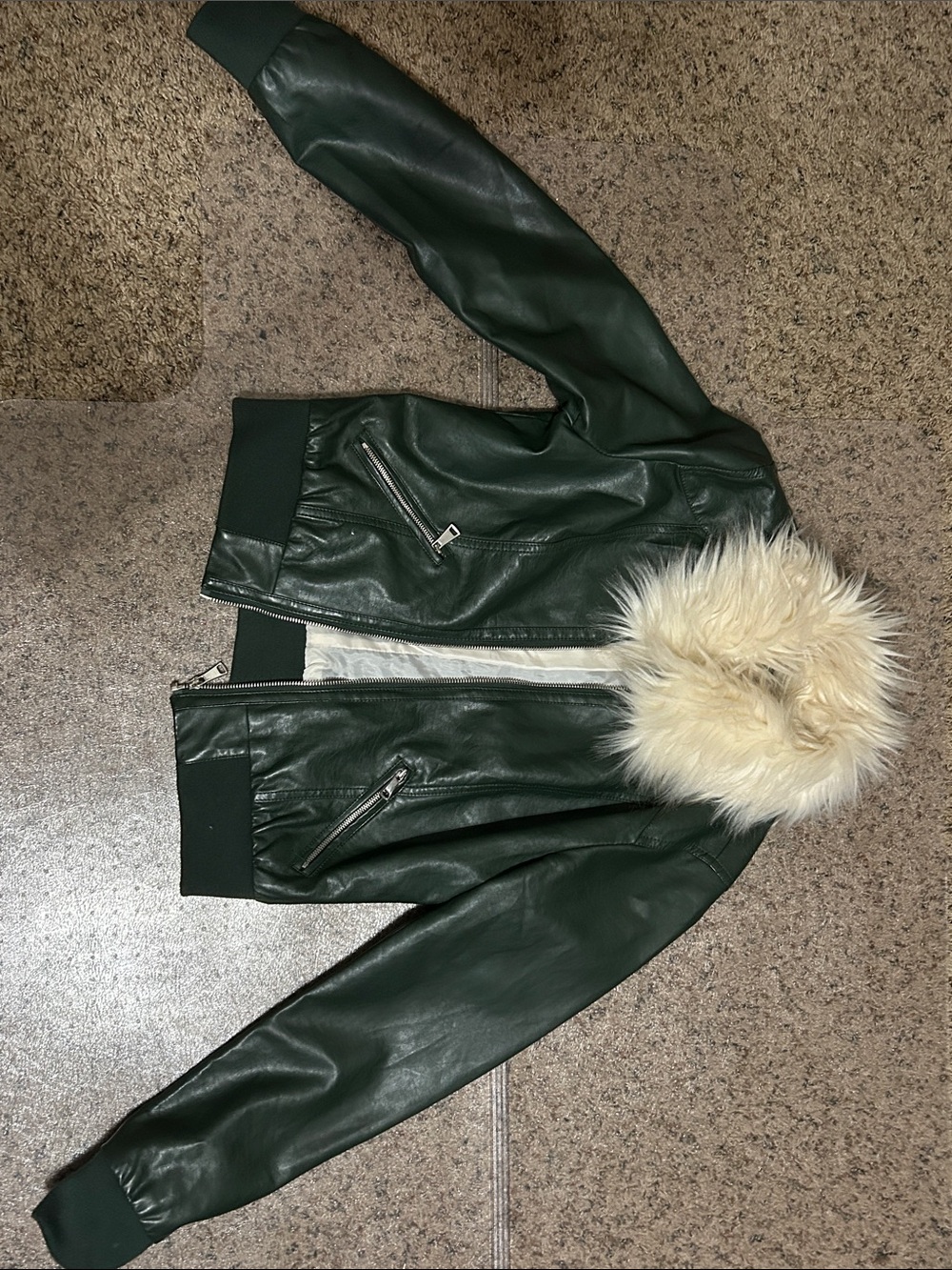 Ci Sono Dark Green Faux-Leather Bomber Jacket with Cream Fur Trim